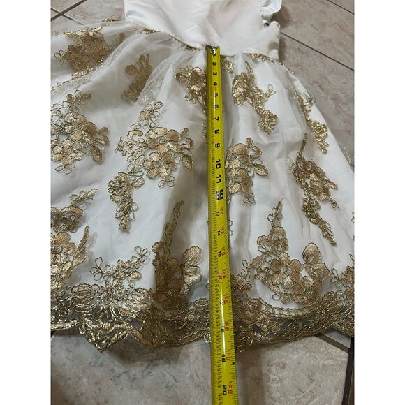 Girls Size 10 White Gold Formal Dress Floral Lace Rare Editions Flower Girl - Picture 6 of 7